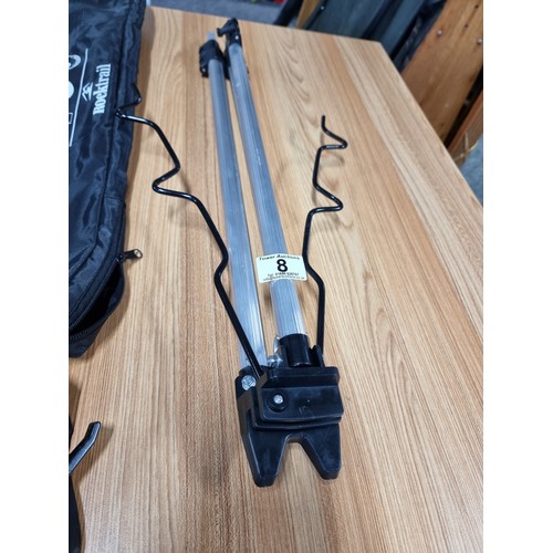 8 - A Rocktrail extendable aluminium fishing rod rest tripod with 4 rests and in good condition, cased.