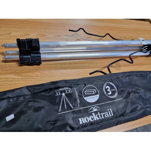 8 - A Rocktrail extendable aluminium fishing rod rest tripod with 4 rests and in good condition, cased.