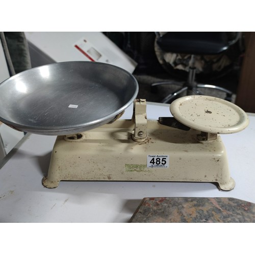 485 - A set of vintage scales complete with aluminium tray along with a marble display stand in good order... 