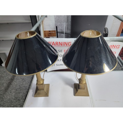 56A - Pair of good quality vintage Laura Ashley Brass corianthian Colomn table lamps with black and gilt s... 