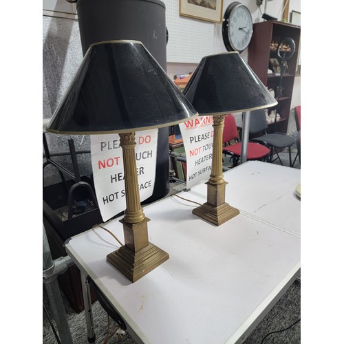 56A - Pair of good quality vintage Laura Ashley Brass corianthian Colomn table lamps with black and gilt s... 