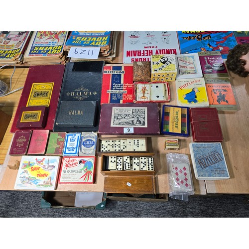 9 - A large selection of various vintage board games and card games to include 2 good antique domino set... 