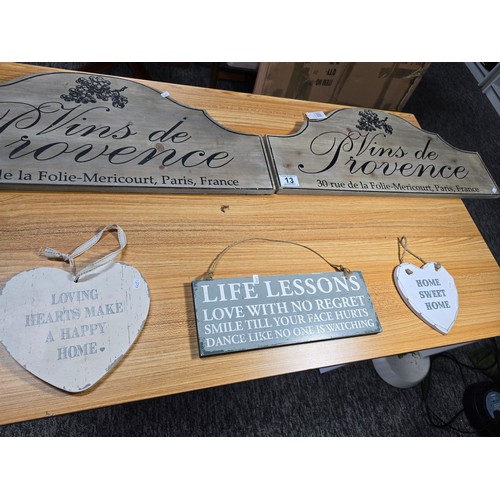 13 - A quantity of 5x wooden plaques with positive phrases. To include 2 large wooden plaques with a leng... 