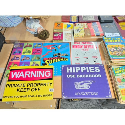 26 - A set of 5x comical tin signs, all in good order. To include a classic leisure centre style sign.