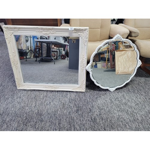 72 - 2x good quality mirrors inc a circular bevel edged mirror with floral surround along with a white fr... 