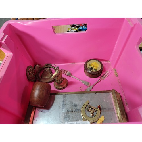 81 - Crate containing a quantity of collectables in brass battery operated lantern, part dressing table s... 