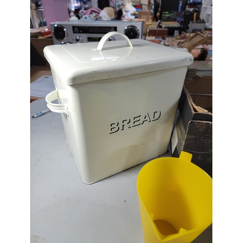 84 - Box of vintage kitchen ware inc enamel bread bin and compost bin, stainless steel sieve, modern scal... 