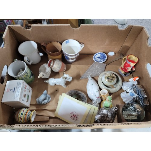 92 - 2x boxes of collectables Ewenny pottery royal memorabilia mugs, Toby jugs, Avon stoppered jug and bo... 