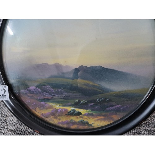 122 - Framed and glazed circular picture of a landscape scene in oil signed to lower left with inscription... 