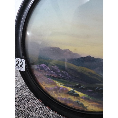 122 - Framed and glazed circular picture of a landscape scene in oil signed to lower left with inscription... 