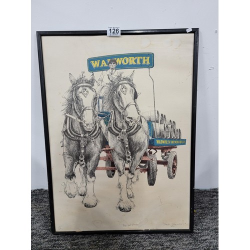126 - Framed hand coloured limited edition print 225/400 of Dray horses, Wadworth Brewers Devises, hand si... 
