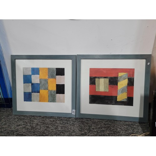 127 - Pair of framed and glazed modern abstract framed original watercolours of multi coloured squares, me... 