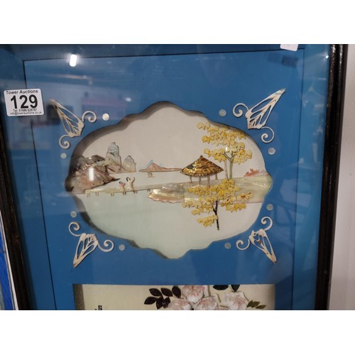 129 - Large oriental shadow box 3D picture of birds and landscape scene made from shells and MOP, well exe... 
