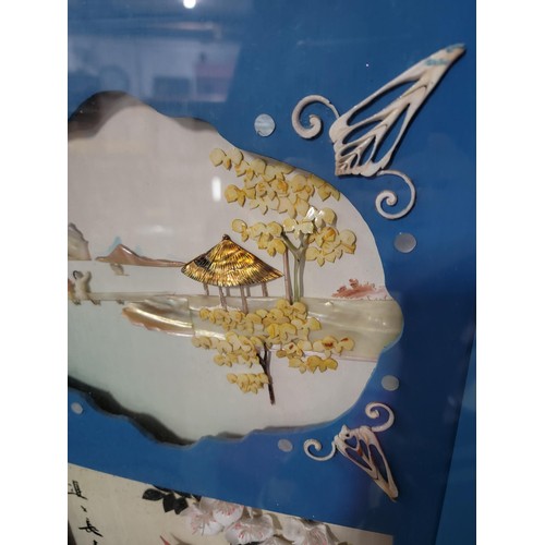 129 - Large oriental shadow box 3D picture of birds and landscape scene made from shells and MOP, well exe... 
