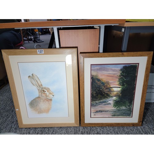 138 - 2x framed and glazed watercolours inc a Hare hand signed and a landscape scene largest measures 59cm... 