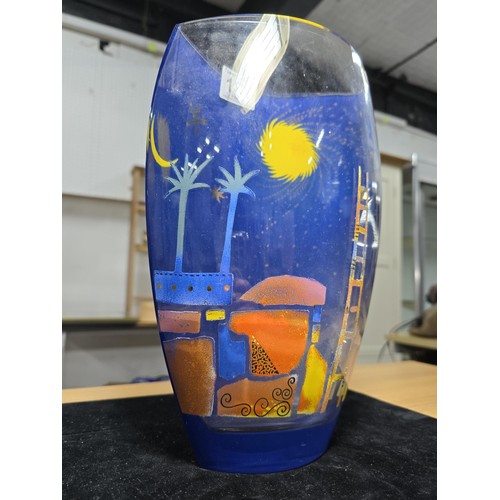 181 - An unusual art glass vase by Goebel, signed by Mara with an unusual scene featuring a starry sky wit... 