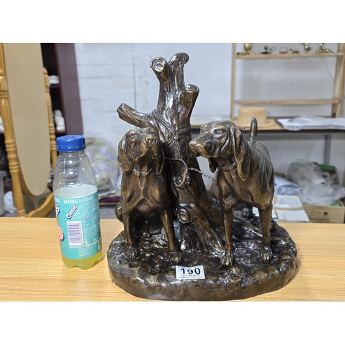 190 - A large and impressive solid bronze sculpture of 2 hunting hounds tied to a tree stump by Grace Mott... 