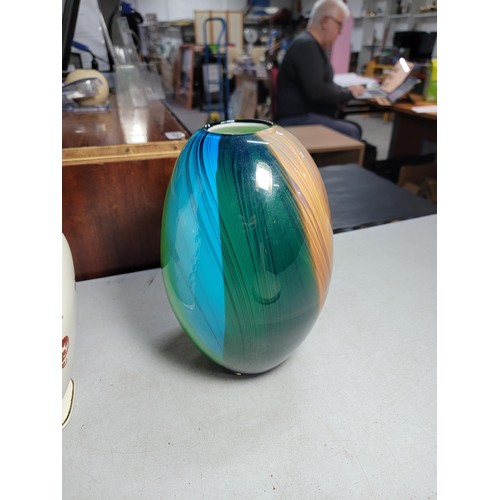 161 - A tall art glass multicoloured with nice finish mark to base vase and a tall Masons brown velvet flo... 