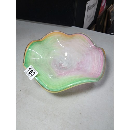 163 - 3 fine items of art glass, a posy vase a wavey bowl multicoloured and an upright vase with swirl eff... 