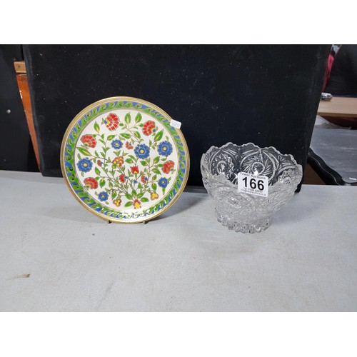 166 - Floral plate by Dakas Keramik Archangelos  (Greek) and a crystal glass bon bon bowl nice and heavy b... 