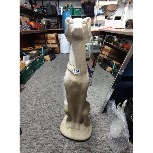 374 - Large tall concrete greyhound figure in good order sitting up stands at 80cm high, 26cm wide and 26c... 