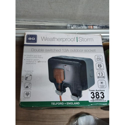 383 - Quantity shed of shed odds inc door handles weatherproof outdoor plug socket boxed, dryton thermosta... 