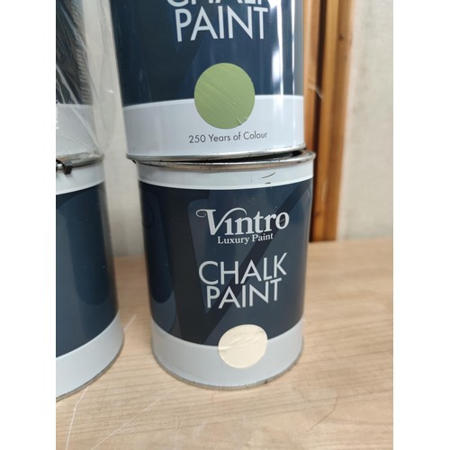 384 - Quantity of 6x sealed tins of chalk paint of various colours inc cream, green, dark blue etc each ti... 