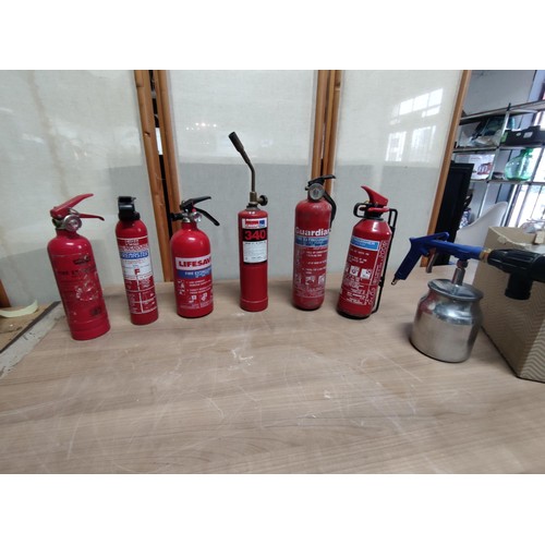 393 - A quantity of 5x fire extinguishers by Guardian in motion, along with a Calor gas 340 blow torch and... 