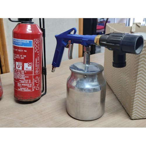 393 - A quantity of 5x fire extinguishers by Guardian in motion, along with a Calor gas 340 blow torch and... 