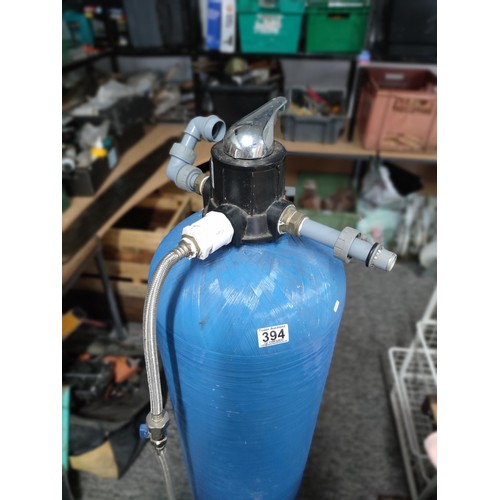 394 - A large tall blue coloured water filter with attachments to the top with a 12gpm attachment, by Pent... 