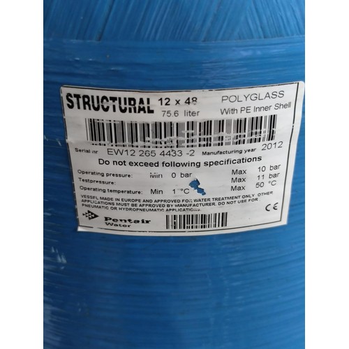 394 - A large tall blue coloured water filter with attachments to the top with a 12gpm attachment, by Pent... 