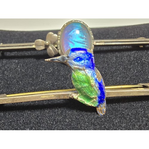 230 - 2 vintage sterling silver bar brooches, 1 with an enamelled kingfisher design the other with a blue ... 