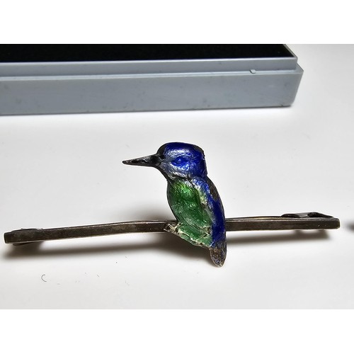 230 - 2 vintage sterling silver bar brooches, 1 with an enamelled kingfisher design the other with a blue ... 