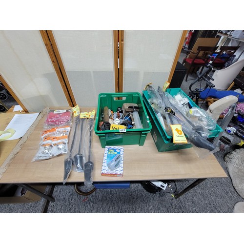 423 - 2 boxes of tools and accessories including fire brushes, adhesive hooks, adhesive strips, hammer, Ya... 