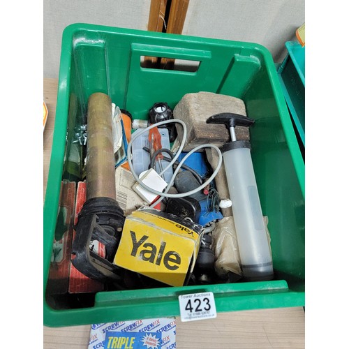 423 - 2 boxes of tools and accessories including fire brushes, adhesive hooks, adhesive strips, hammer, Ya... 