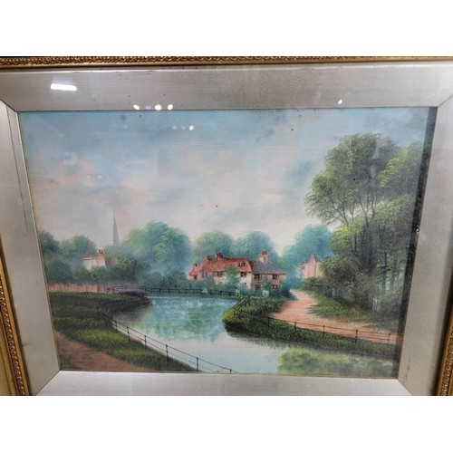 346 - 2 x frame and glazed pictures one an oil on board river/canal scene and the other a watercolour