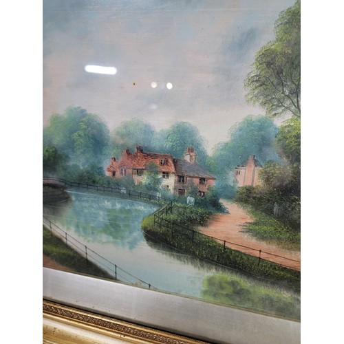 346 - 2 x frame and glazed pictures one an oil on board river/canal scene and the other a watercolour