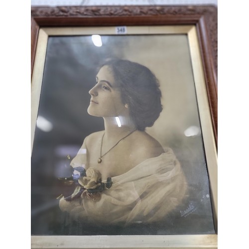 348 - Large and impressive hand painted photograph Portrait of a Lady, framed and glazed in a moulded wood... 