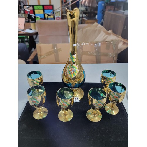 354 - Murano Venice 1950's Bohemian set of six wine 24ct gold leaf blue glass decanter set with 6 wine gla... 