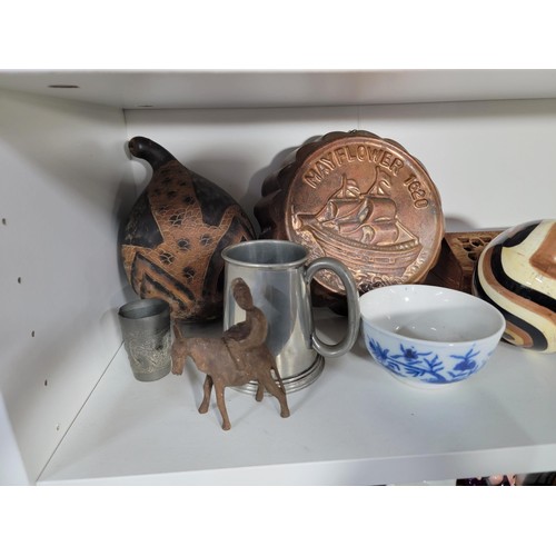 356 - 3 shelves full of various collectables. inc. a lovely vintage carved wooden donkey figure, cups, mug... 