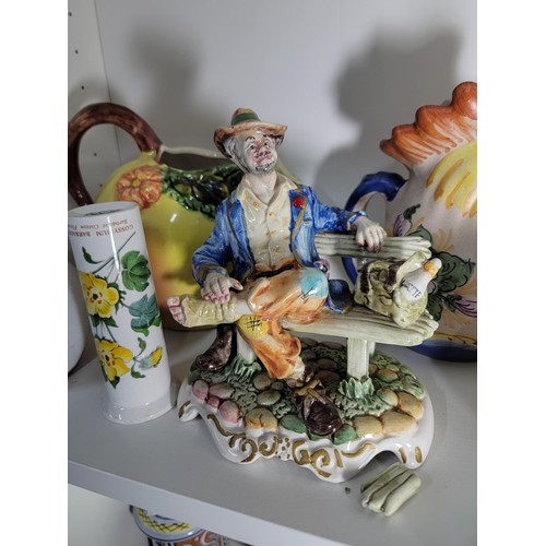 358 - Shelf full of ceramics a small sherry barrel on wooden stand etc