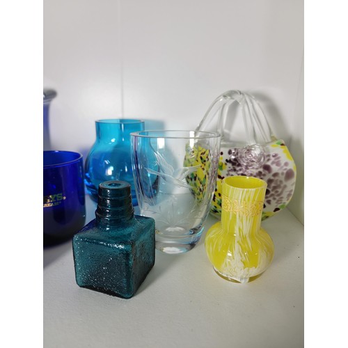 359 - 15 x Art glass vases all smaller type and some great colours a cobalt blue signed glass pot, caithne... 