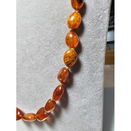 241 - A good quality vintage hand knotted genuine amber beaded necklace, each bead has an interesting natu... 