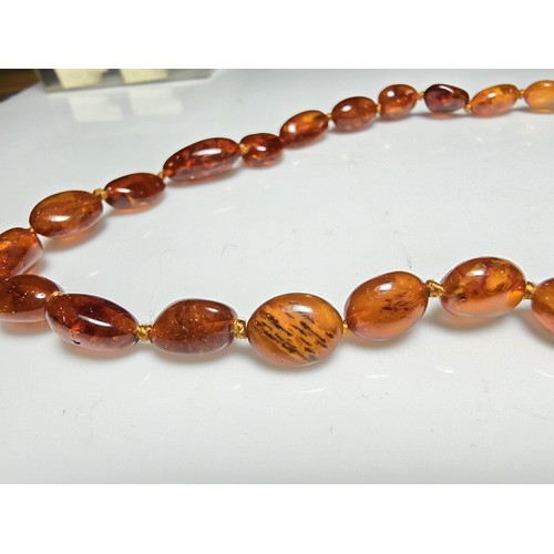 241 - A good quality vintage hand knotted genuine amber beaded necklace, each bead has an interesting natu... 