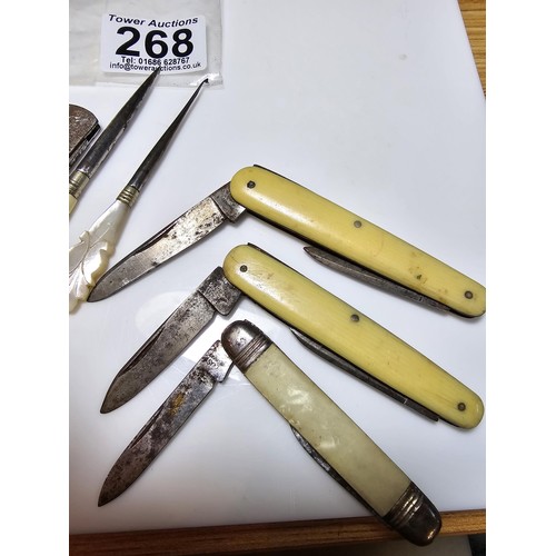 268 - A collection of 6 penknives and 2 small hand tools, 3 of the penknives have bones cases, all in good... 