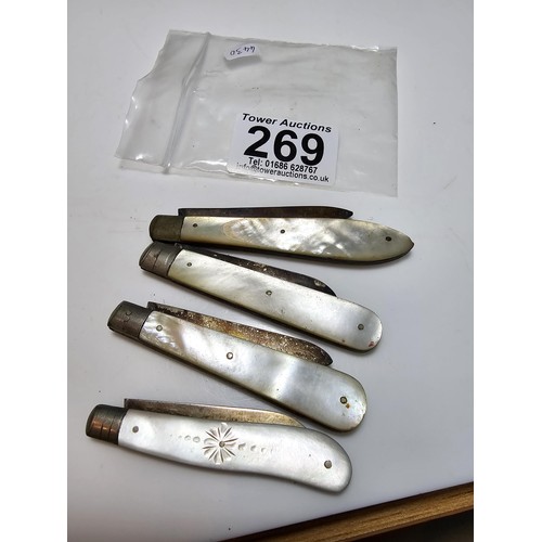 269 - A collection of 4x folding fruit knives all with hallmarked silver blades and all with mother of pea... 