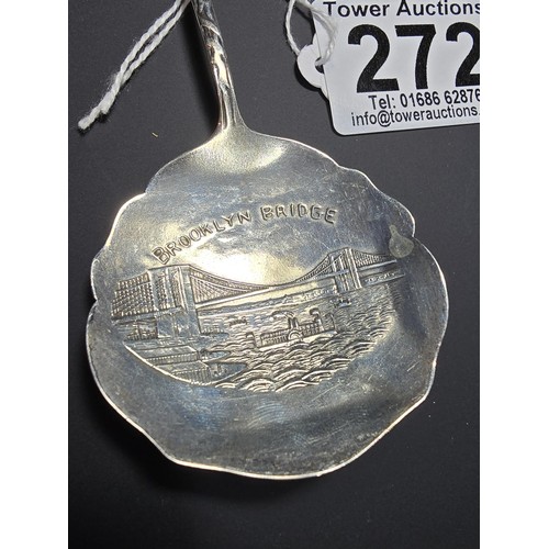 272 - A vintage solid sterling silver spoon marked Brooklyn Bridge with a Native American head to the top ... 