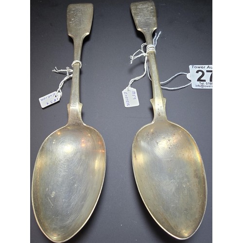 274 - 2x antique large hallmarked silver serving spoons, both hallmarked for Exeter, this assay office clo... 