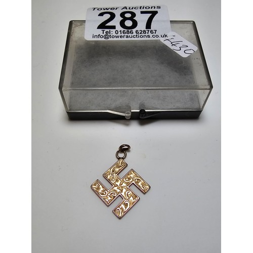 287 - A vintage German 9ct solid gold Swastika pendant with an engraved design, most likely from WWII. Mar... 