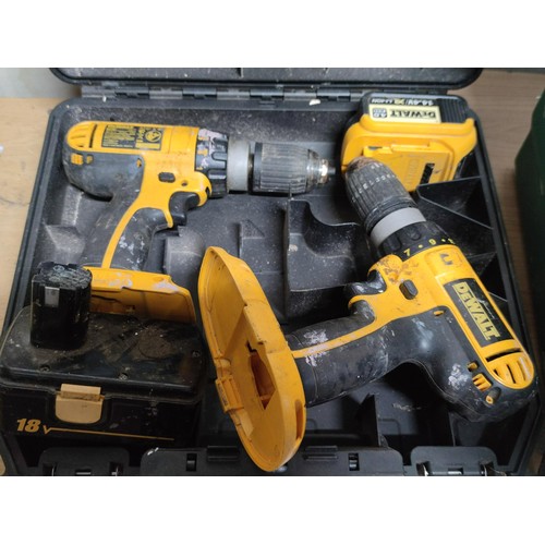 399 - Crate containing a large quantity of tools inc 2x dewalt cordless drills missing batteries, 2x 18v b... 